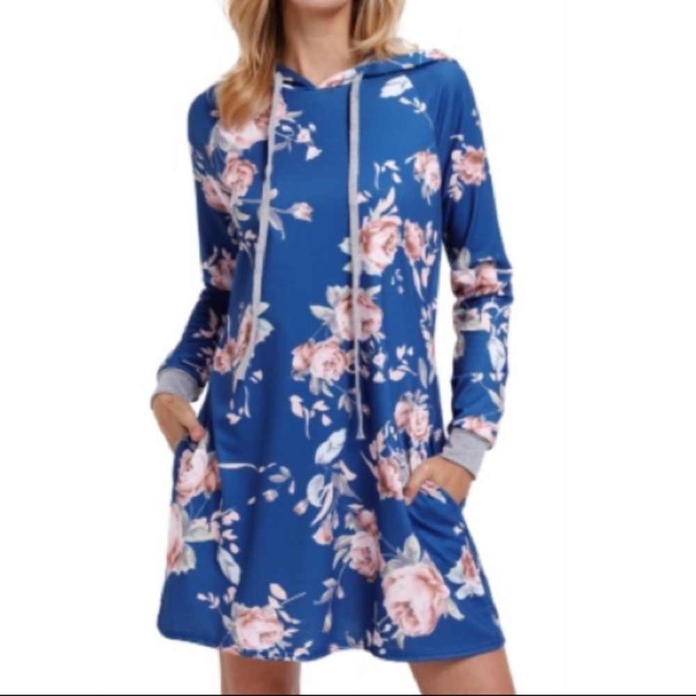 Blue Floral Drawstring Hoodie Dress
